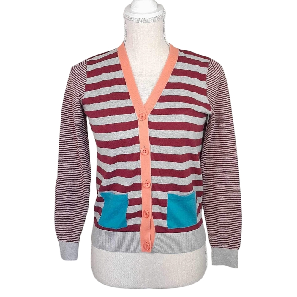 Lands' End Kids Girl Medium Stripes Knit Pocket Cardigan Sweater